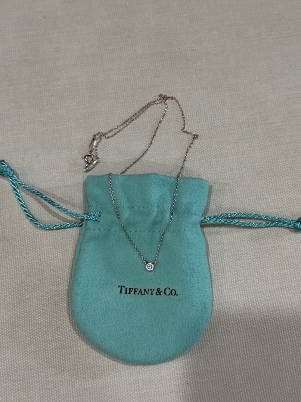 Tiffany & Co. Silver Solitaire Pendant Necklace with Blue Pouch